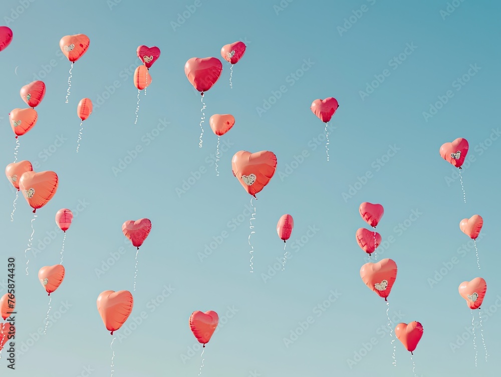 A pattern of heart-shaped balloons soaring against a clear blue sky