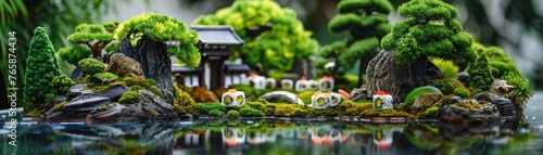 A playful arrangement of sushi rolls set to depict a serene Japanese garden scene