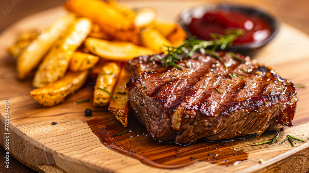 Succulent Ribeye Steak and Golden Fries on Elegant Wooden Plate.