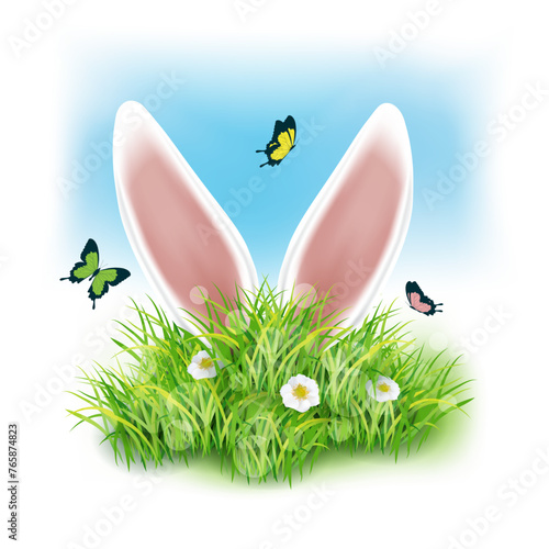 White rabbit ears sticking out of the grass. Spring landscape with blue sky. Cute cartoon spring easter design