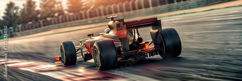 Formula 1 car racing on the circuit track while driving at high speed and accelerating at full power AIG44