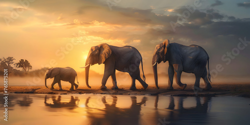 elephants in the pond elephants in the pond elephant with water surface Artistic rendering of a family of elephants walking through the savannah at sunset.