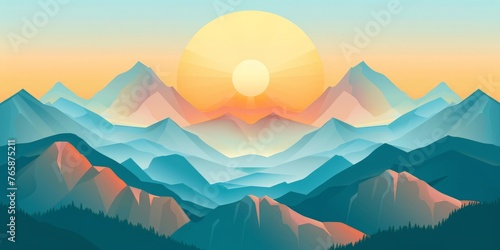 A painting depicting a majestic mountain range under a colorful sunset sky, with vibrant hues of oranges, reds, and purples contrasting against the dark silhouettes of the peaks