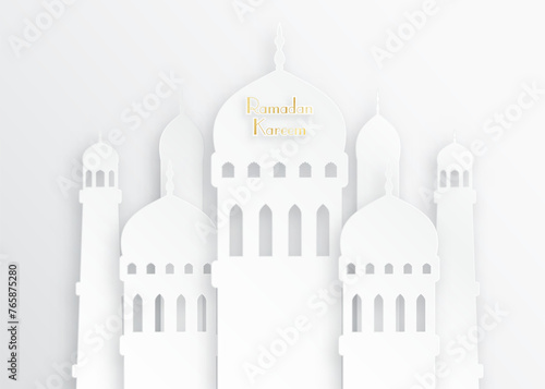 Creative islamic mosque made by paper cutout for holy month of muslim community, Ramadan Kareem celebration. Vector 3D paper mosque.