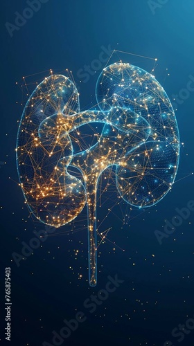 gold High-Tech Digital Kidneys with Low Poly Wireframe on blue Background. 3D Render with Polygon Mesh. with glowing connected lines. 