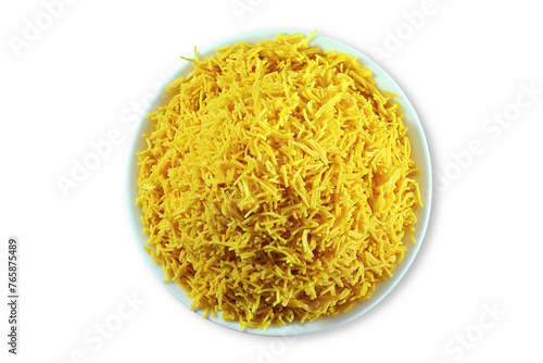 traditional indian gujrati tea time snack food namkeen sev or vermicelli fry noodles of chickpea flour or besan,cutout transparent background,png format,top view photo