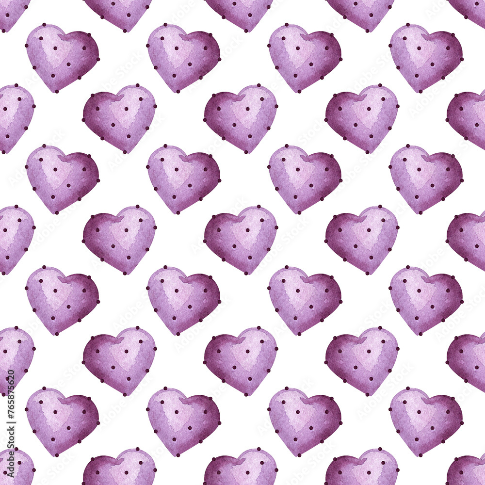 Seamless pattern of purple spiky hearts. Heart ornament. Valentine's Day. Sweets for lovers. Watercolor illustration for background design, packaging, textiles Seamless pattern of purple spiky hearts. Heart ornament. Valentine's Day. Sweets for lovers. Watercolor illustration for background design, packaging, textiles