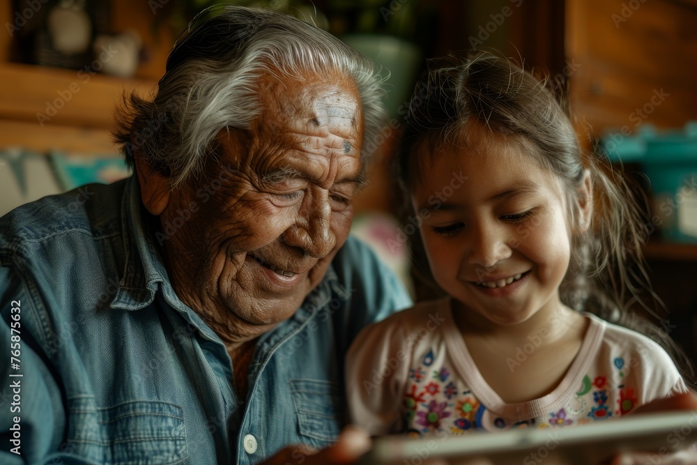 Old Man and Young Girl Looking at a Tablet