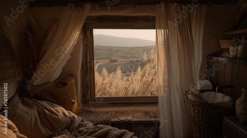  a bedroom with a view of a field outside of the window and a bed with a blanket on top of it. © Anna