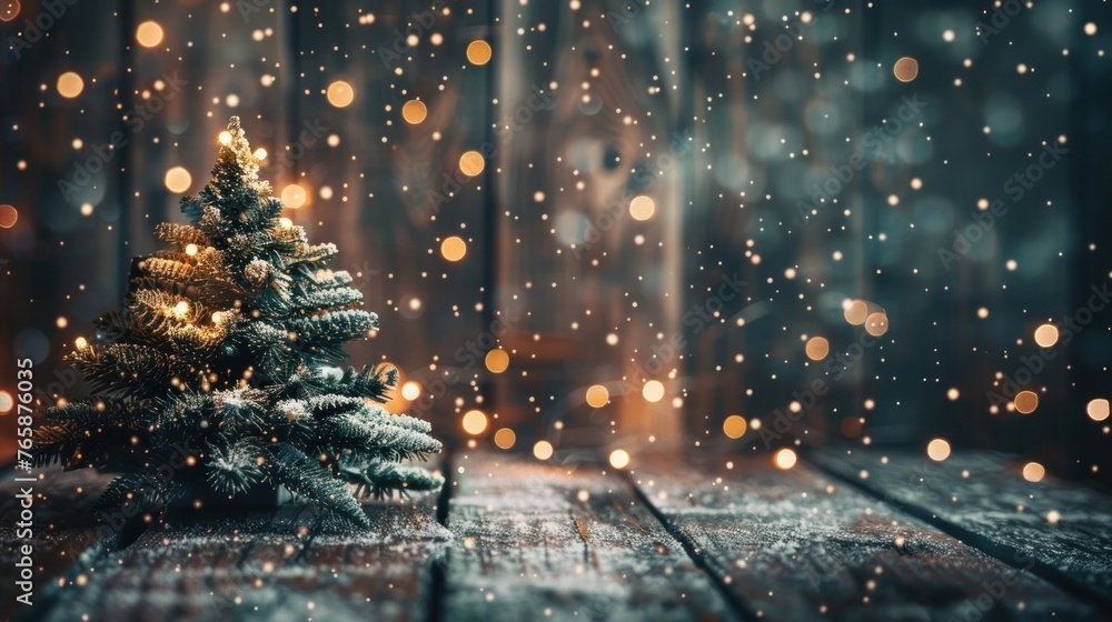 A festive Christmas background featuring a Xmas tree, sparkly bokeh lights on a wooden canvas