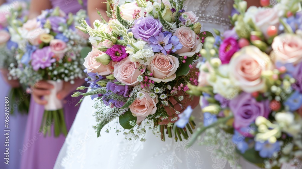 Obraz premium a bride and her bridesmaids holding bouquets of pink, purple, and white flowers in their hands.