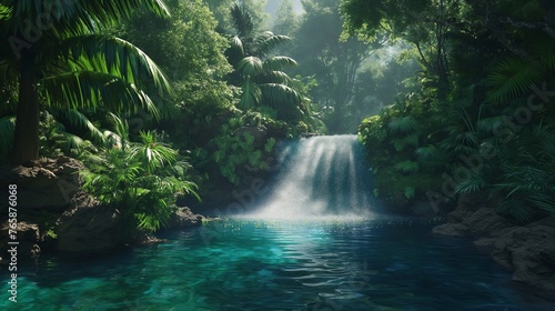 A tranquil waterfall cascading into a crystal-clear pool surrounded by lush greenery