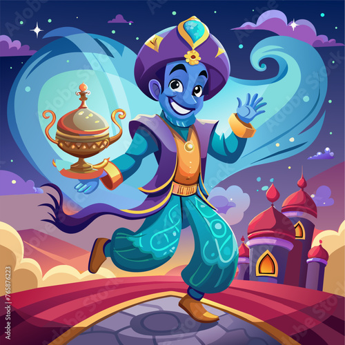 Vector illustration of genie and Aladdin's lamp