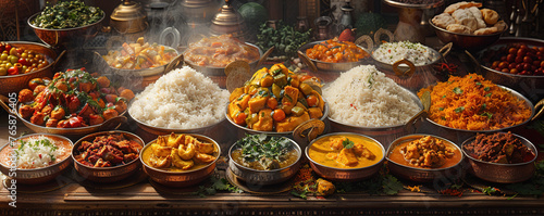 Various types of indian dishes on table.Created with Ai
