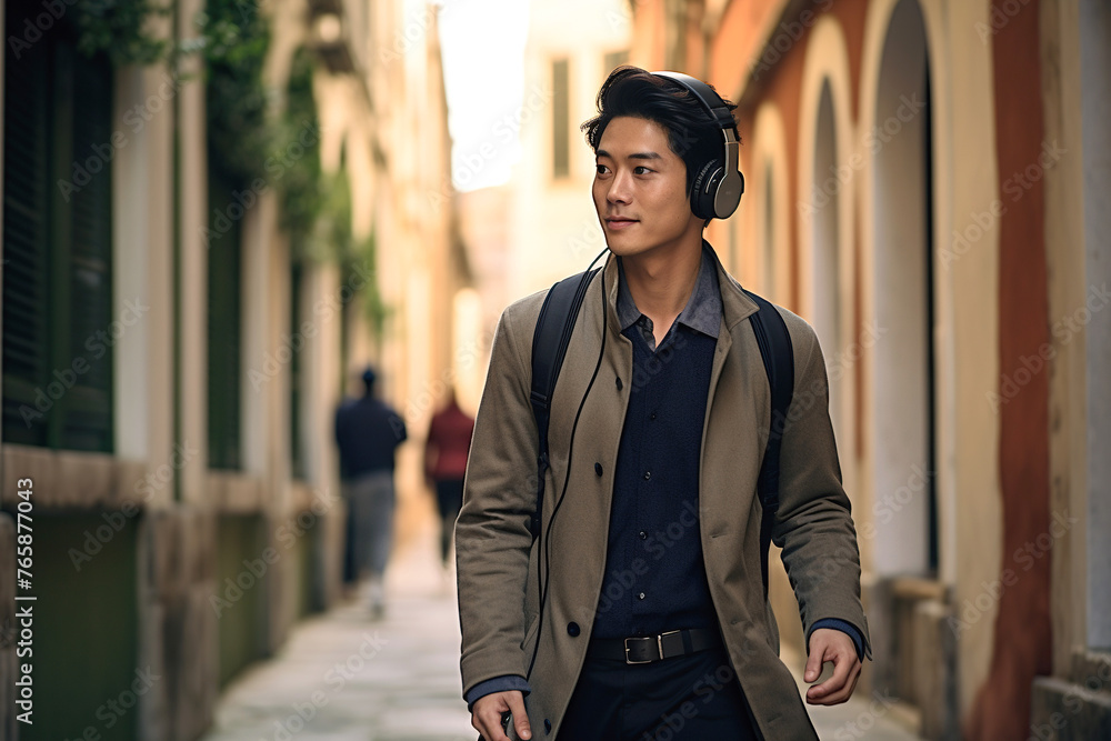 Asian Man Enjoying Urban Walk on city streets with music on his headphones Asian Man Enjoying Urban Walk on city streets with music on his headphones