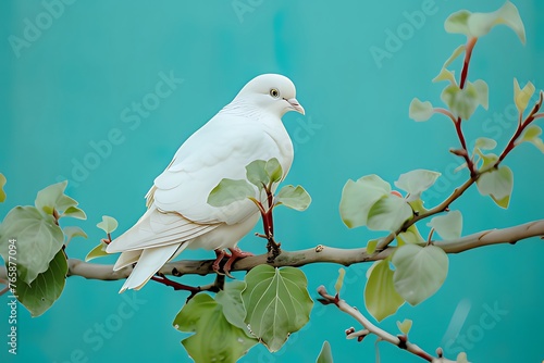  a white dove sitting on a branch on a green leaves