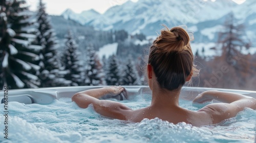 Woman relaxes in hot tub while looking out over snow-covered mountains.