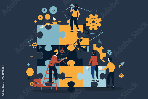 Team Building for Success - Business People Collaborating, Solving Lightbulb Jigsaw Puzzle. Teamwork Strategy, Planning Together. Concept Vector Illustration for Web Banner, Presentation.