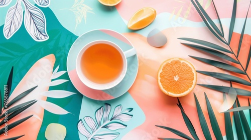 Vibrant Tropical Tea Time Scene with Fresh Orange Slices and Palm Leaves
