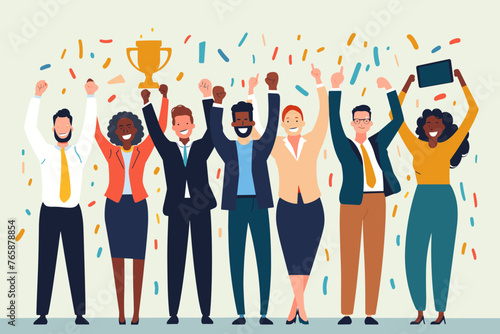 Team of diverse businesspeople celebrating high quality work achievement, holding gold trophy and quality badge, success through teamwork and top performance, best employee award concept.