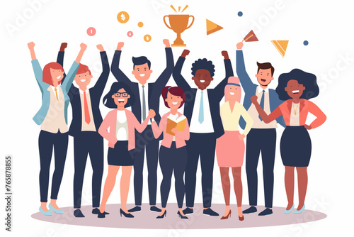 Team of diverse businesspeople celebrating high quality work achievement, holding gold trophy and quality badge, success through teamwork and top performance, best employee award concept.