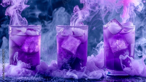  three glasses filled with purple liquid with smoke coming out of the top of the glasses and the bottom of the glasses filled with ice.