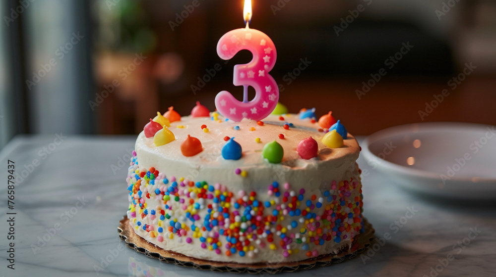 cute birthday cake with a number 3 candle on top cute birthday cake with a number 3 candle on top