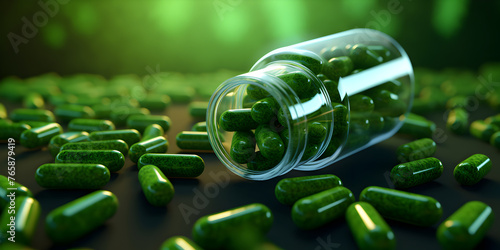 A jar of green pills with green capsules on a wooden surface.  Green pillars vitamins on green background
