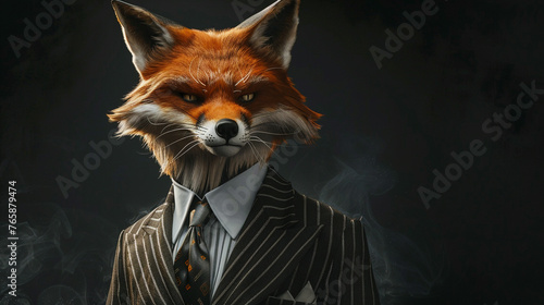 A charismatic fox wearing a pinstripe suit standing upright with a sly smile in a modern studio portrait epitomizing cunning entrepreneurship