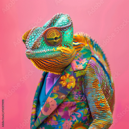 A charming chameleon in a vibrant patterned suit blending into a colorful studio background symbolizing adaptability in business