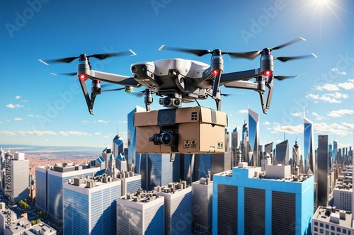 A drone is flying over a city with a box on its nose