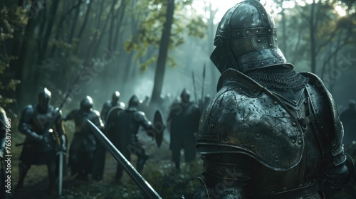 Epic battle scene with knights in shining armor facing fierce orcs in a misty forest dramatic lighting photo