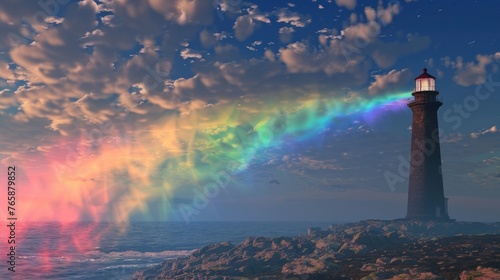 A lighthouse beam shining through a prism, creating a rainbow path