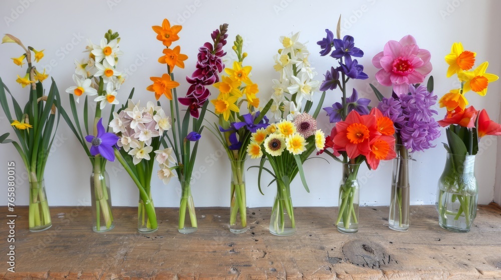  a row of vases filled with colorful flowers on top of a wooden table in front of a white wall.