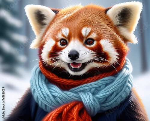 Cute fluffy red panda in a winter knitted scarf looking at the camera