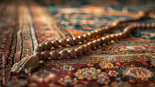A set of prayer beads resting on an intricately woven prayer mat