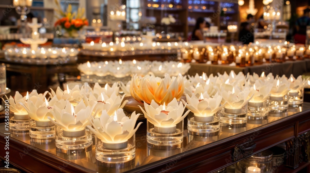  a table topped with lots of glass vases filled with water lilies next to a row of lit candles.