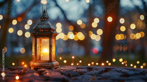 A traditional lantern surrounded by twinkling lights in a peaceful night setting