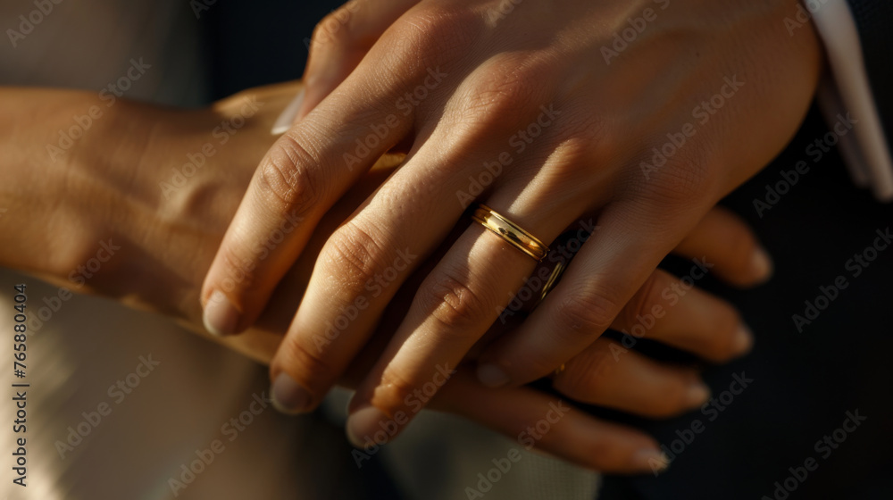 Two hands with wedding and engagement rings gently touch, symbolizing union.