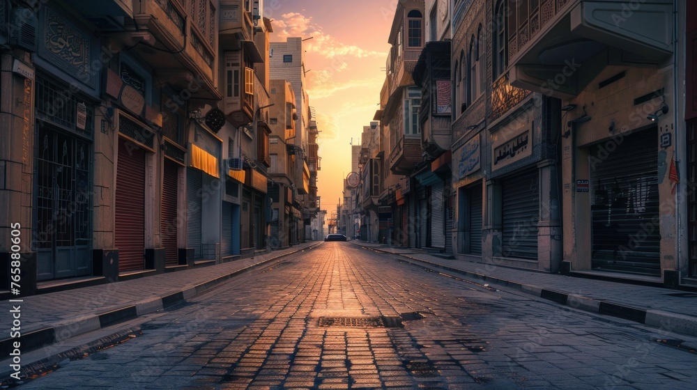 An empty street at dawn, prepared for Suhoor