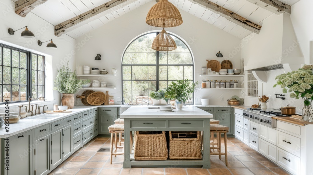 a kitchen filled with lots of counter top space next to a tall arched window with a skylight above it. a kitchen filled with lots of counter top space next to a tall arched window with a skylight above it.