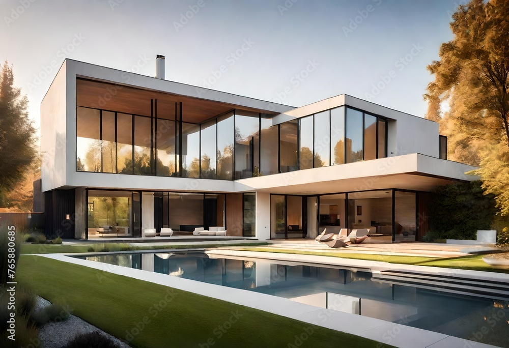 A modern architectural masterpiece with sleek lines and large windows overlooking a meticulously landscaped front yard, bathed in soft afternoon sunlight.