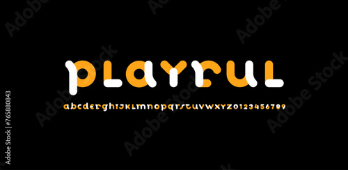 alphabet playful decorative font, rounded multi-colored letters A, B, C, D, E, F, G, H, I, J, K, L, M, N, O, P, Q, R, S, T, U, V, W, X, Y, Z and numerals 0, 1, 2, 3, 4, 5, 6, 7, 8, 9, vector illustrat
