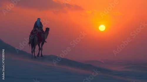 Dawn  desert and camel  dust with light