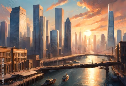 A dynamic cityscape featuring towering skyscrapers, a majestic bridge spanning over a bustling port, creating an iconic skyline against the backdrop of the setting sun