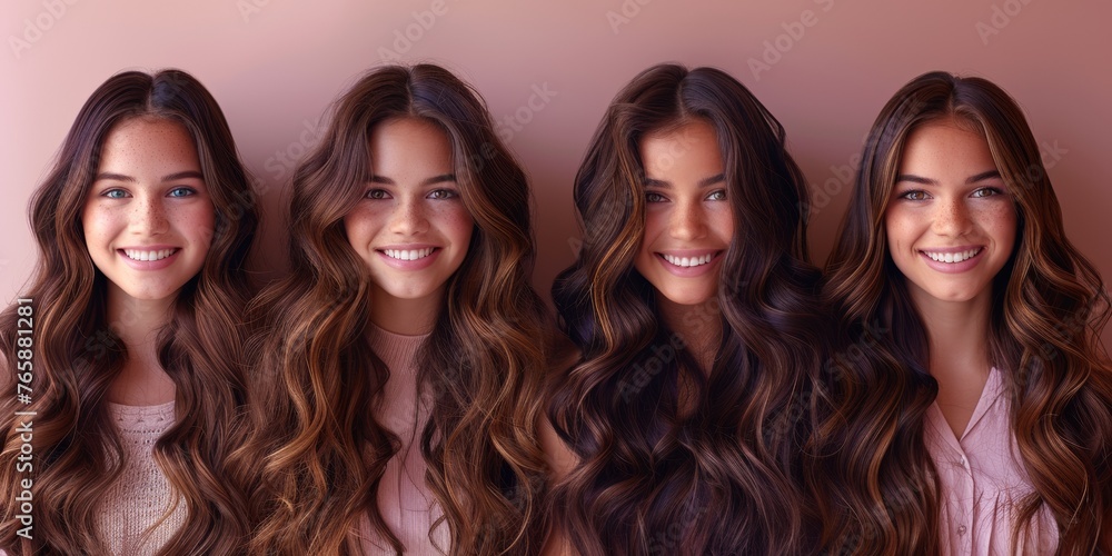 Obraz premium A cheerful group of attractive girls with wavy, healthy hair showcasing perfect glamour.
