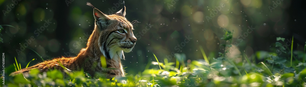 Obraz premium Eurasian Lynx, Reforested Forests, thriving in a lush green habitat, photography, backlighting, vignette