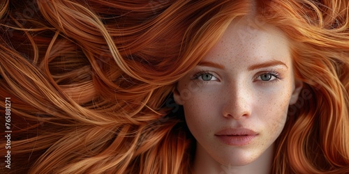 A portrait of a beautiful redhead woman with smooth, wavy hair and captivating eyes.