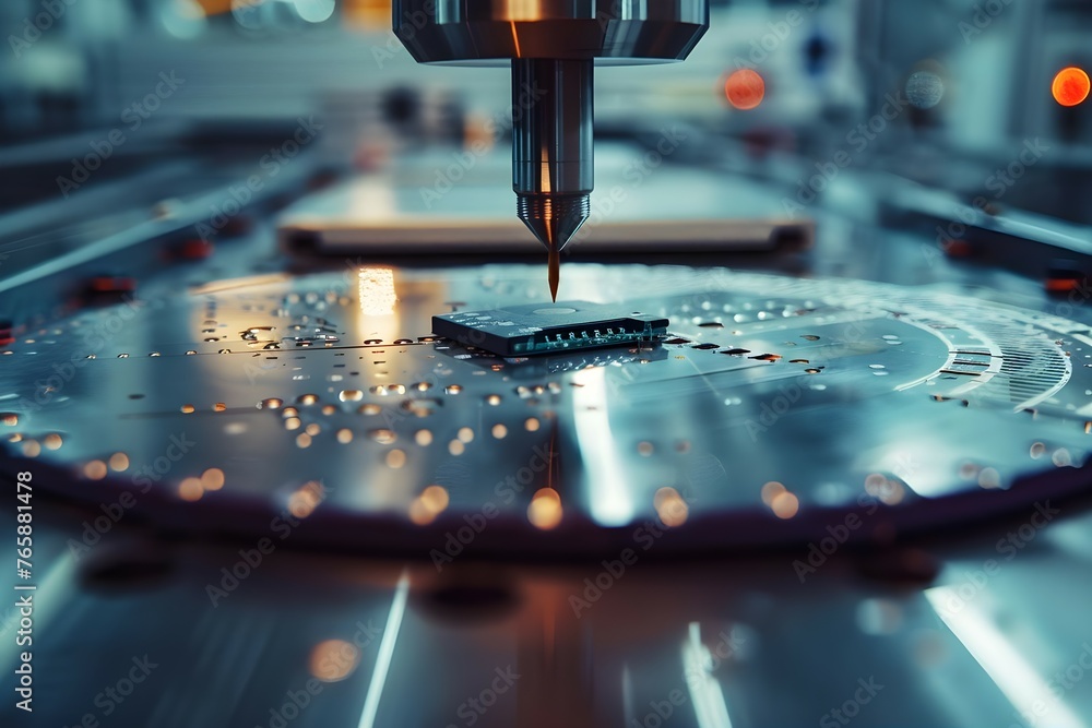 Closeup of a semiconductor chip being etched on a metal composite table in a manufacturing facility. Concept Semiconductor Manufacturing, Closeup Photography, Metal Composite Table, Etching Process