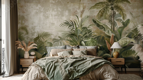 Cozy bedroom with the the tropical plants wall mural and decorations